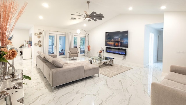 living room with vaulted ceiling, french doors, and ceiling fan