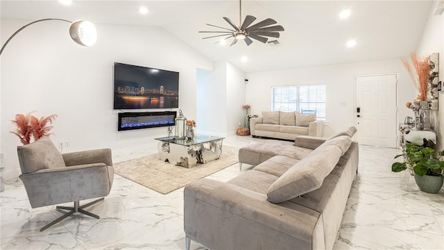 living room featuring lofted ceiling and ceiling fan