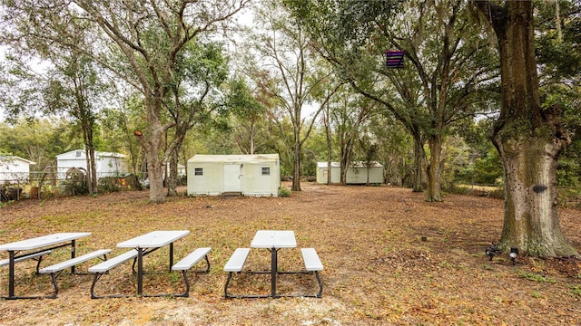 view of yard with a storage shed