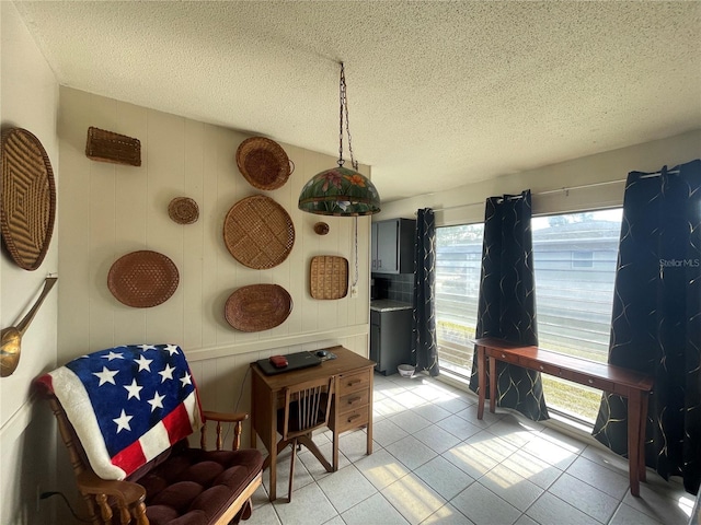 interior space featuring a textured ceiling and wood walls