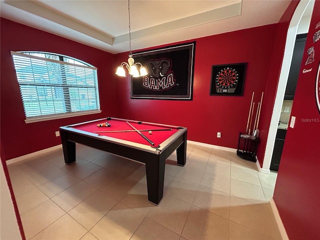 game room featuring tile patterned flooring, billiards, and a raised ceiling