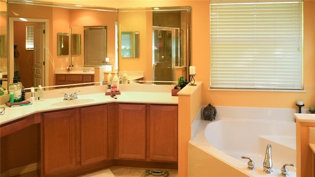 bathroom with vanity and plus walk in shower