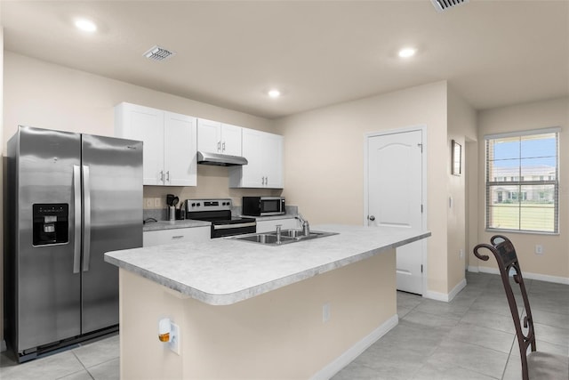 kitchen featuring appliances with stainless steel finishes, a kitchen island with sink, sink, and white cabinets