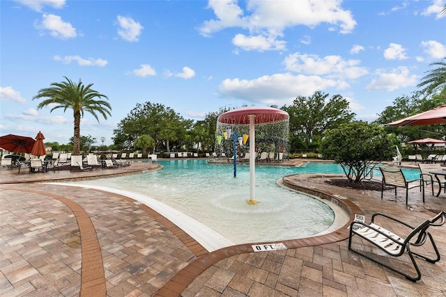 view of pool with a patio area and pool water feature