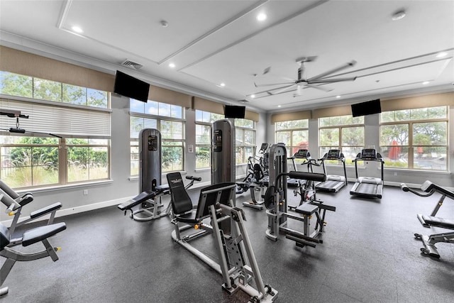 workout area with ceiling fan and plenty of natural light