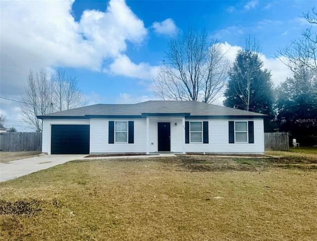 ranch-style house with a garage and a front lawn