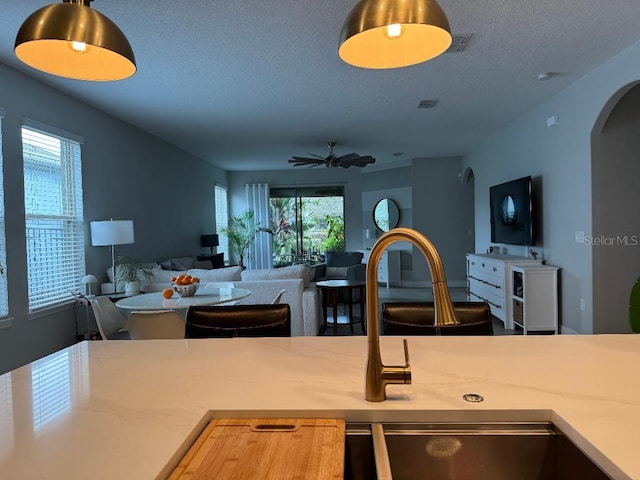 kitchen with ceiling fan, plenty of natural light, sink, and a textured ceiling