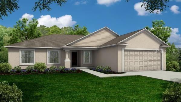 ranch-style house featuring a garage and a front yard