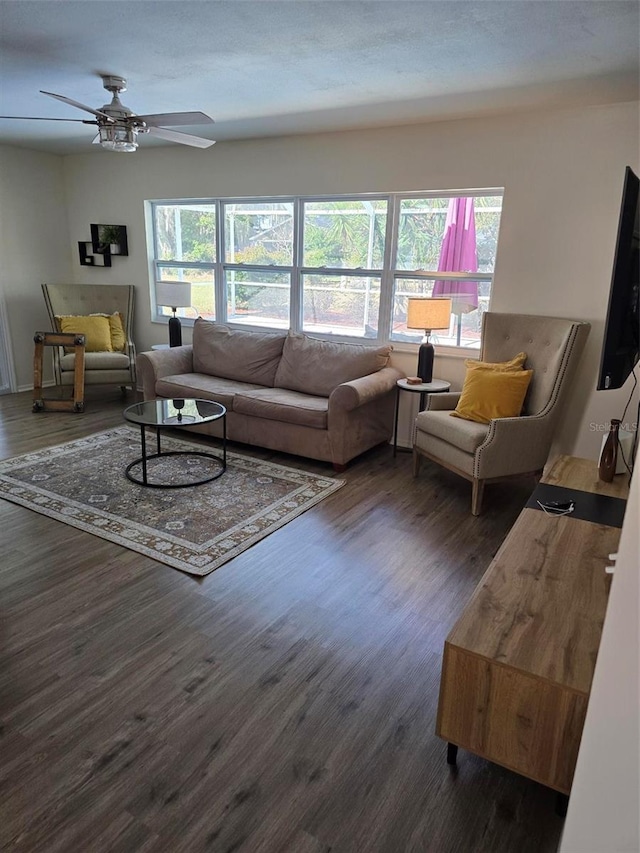 living room with ceiling fan and dark hardwood / wood-style flooring