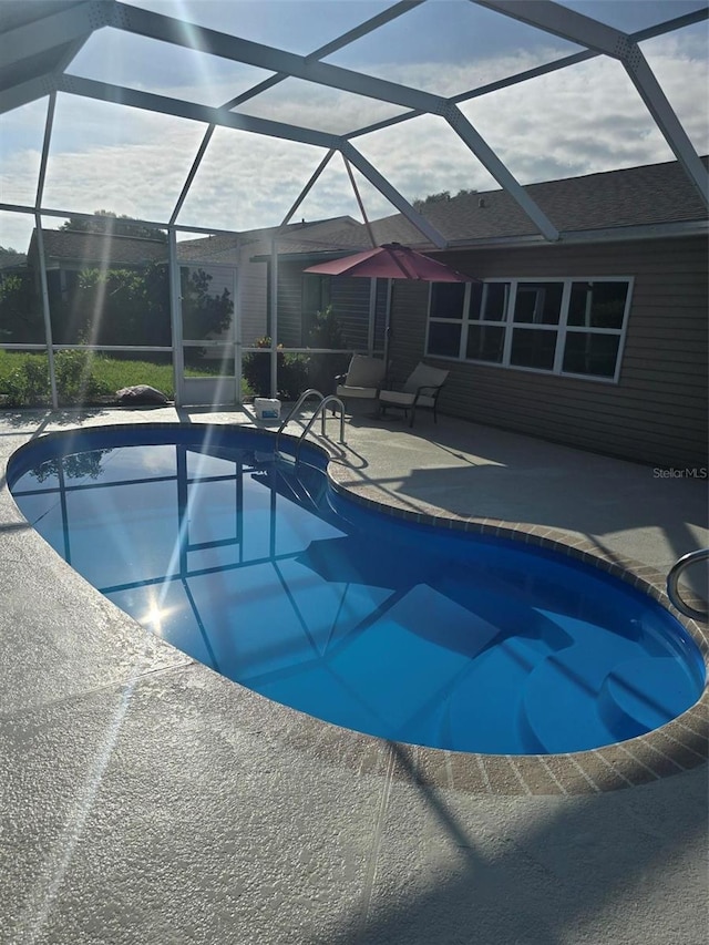 view of swimming pool with a lanai and a patio area