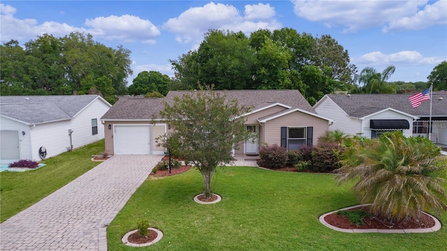 ranch-style home with an attached garage, decorative driveway, and a front yard