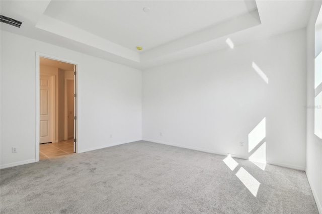 unfurnished room featuring light colored carpet and a raised ceiling