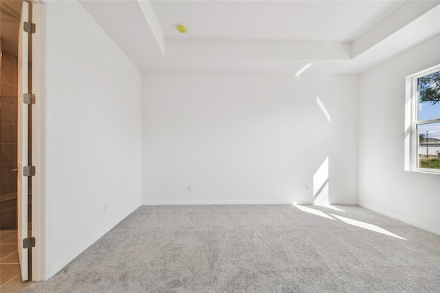 carpeted spare room with a tray ceiling