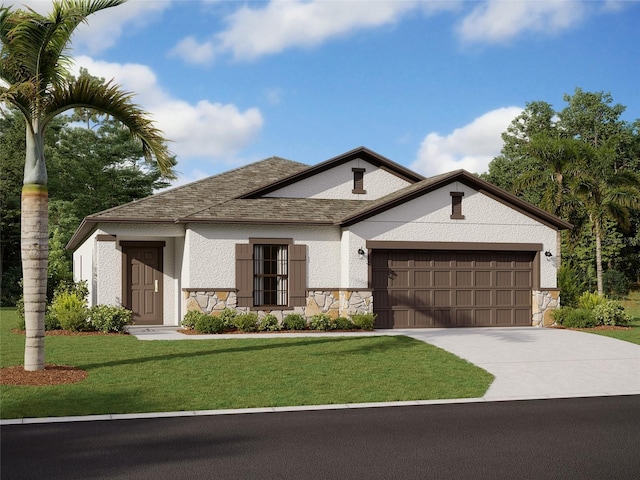 view of front of house with a garage and a front lawn