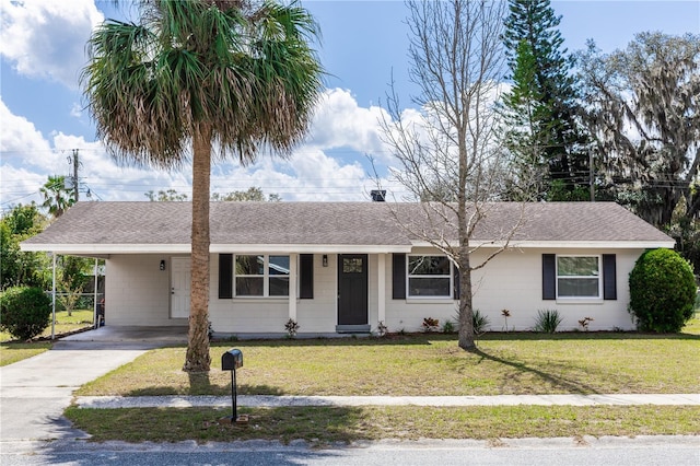 ranch-style house with driveway, a front lawn, a carport, and roof with shingles