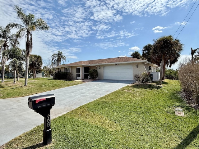 ranch-style house featuring a garage, driveway, a front yard, and stucco siding