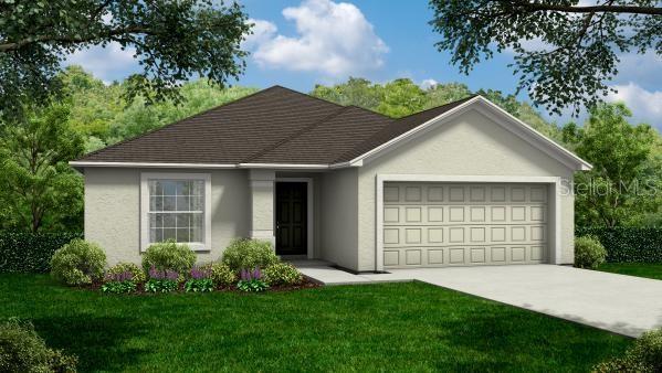 single story home featuring an attached garage, driveway, a front lawn, and stucco siding