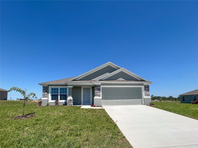 1212 Caloosa Ridge Ave, Babson Park, FL 33827 - ranch-style home with stone siding, a garage, driveway, a front yard, and stucco siding