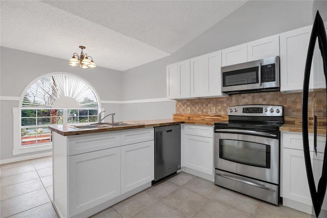 kitchen featuring wooden counters, white cabinetry, a sink, a peninsula, and black appliances