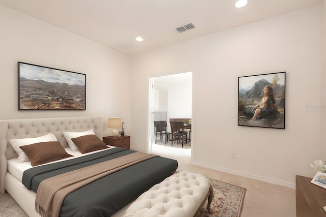 bedroom featuring carpet, baseboards, visible vents, and recessed lighting