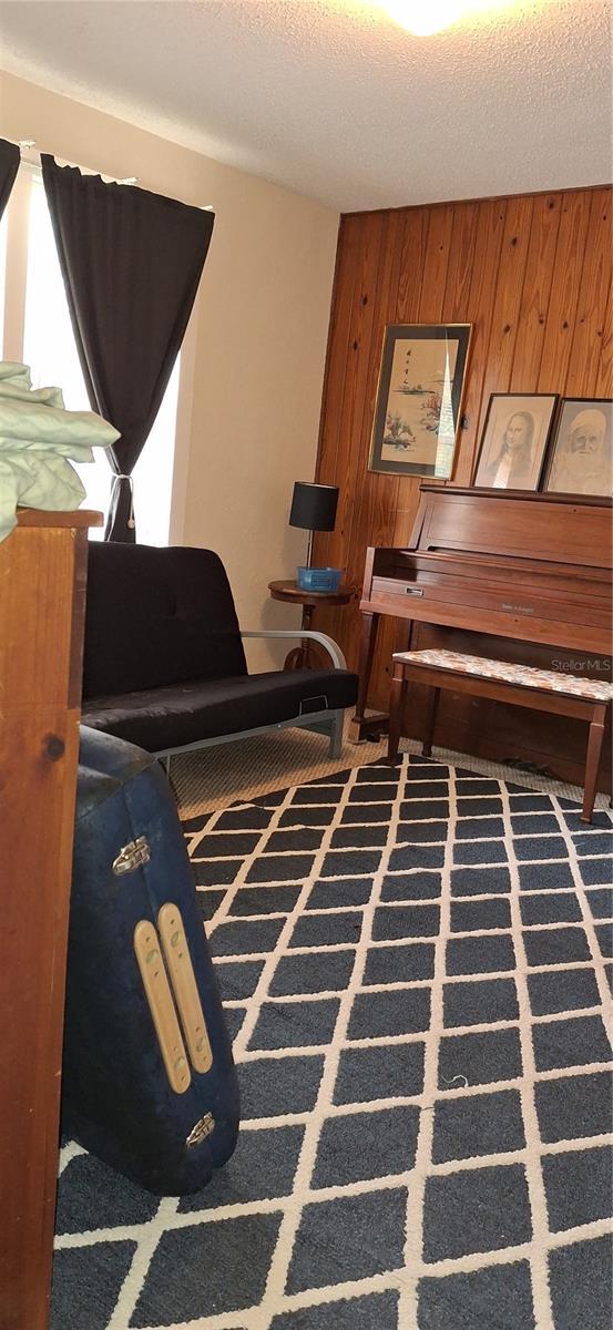 sitting room with carpet, wooden walls, and a textured ceiling