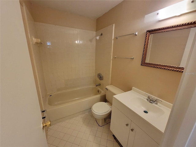 bathroom featuring shower / bathtub combination, vanity, tile patterned flooring, and toilet