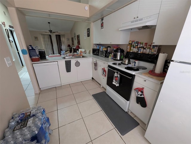 kitchen featuring light tile patterned floors, white appliances, light countertops, under cabinet range hood, and white cabinetry