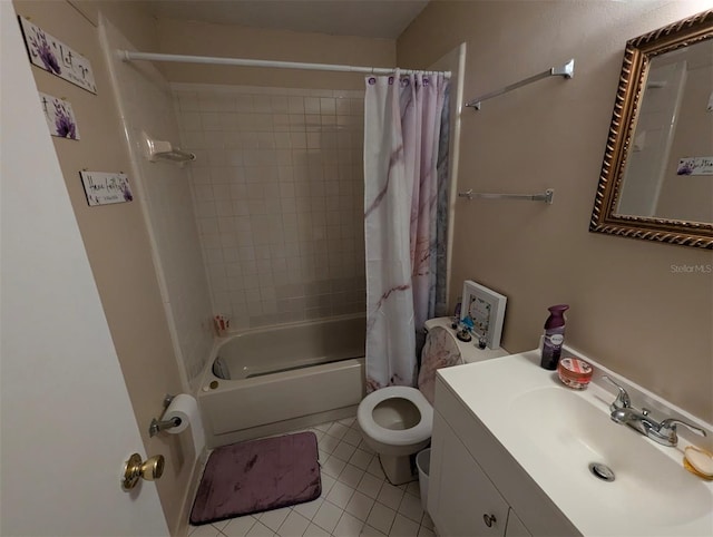 full bath featuring toilet, vanity, shower / tub combo with curtain, and tile patterned floors