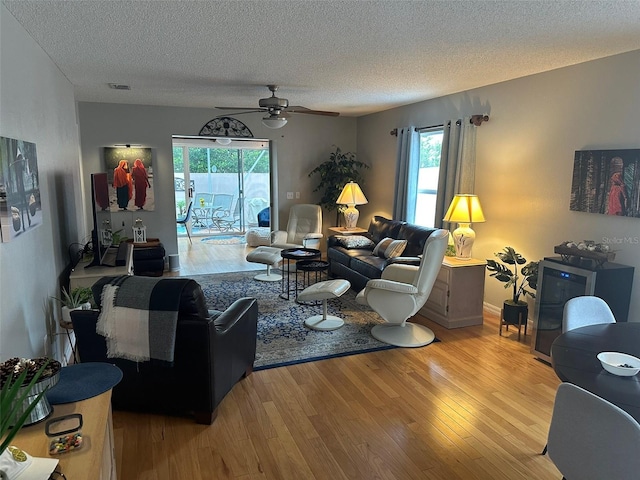 living area featuring plenty of natural light, a textured ceiling, and light wood finished floors