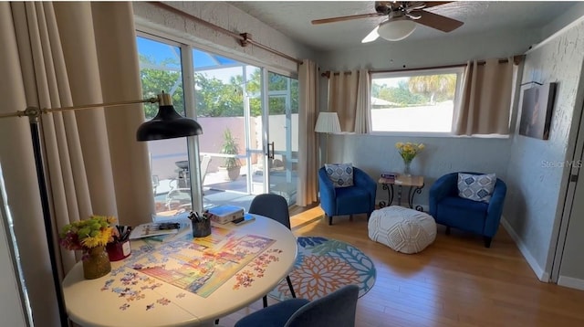 living area featuring a healthy amount of sunlight, baseboards, and wood finished floors