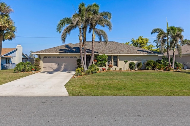 single story home with an attached garage, driveway, a front lawn, and stucco siding