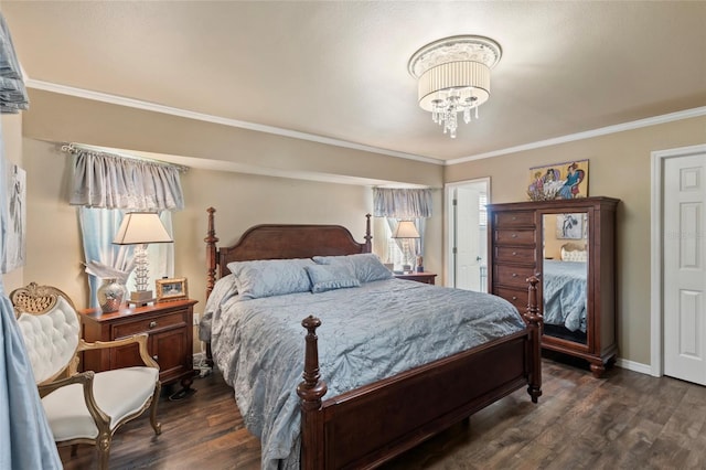 bedroom featuring an inviting chandelier, crown molding, baseboards, and dark wood-type flooring