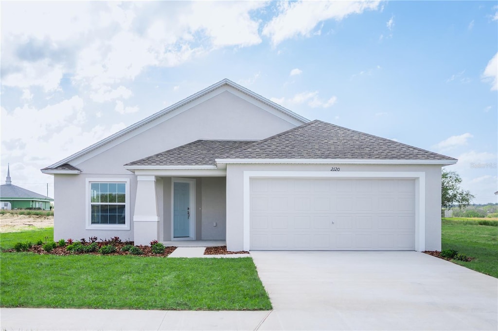 single story home featuring a front lawn, stucco siding, driveway, roof with shingles, and a garage