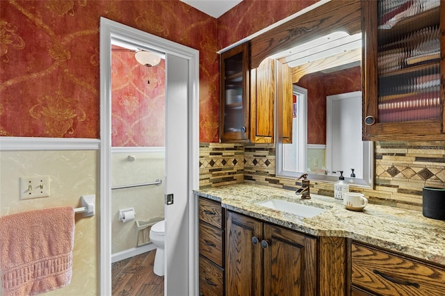 bathroom with toilet, wood finished floors, backsplash, and vanity