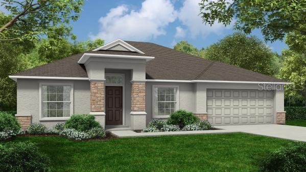 view of front of home with a garage, stone siding, driveway, stucco siding, and a front lawn