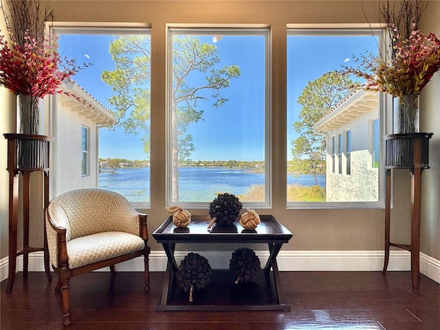 sitting room with hardwood / wood-style flooring, baseboards, and a water view