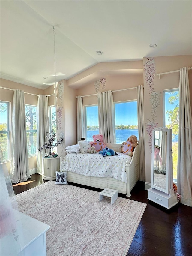 bedroom with access to exterior, baseboards, a water view, vaulted ceiling, and dark wood-style floors