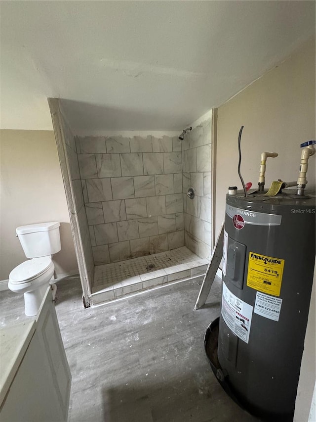 full bathroom featuring tiled shower, electric water heater, and toilet