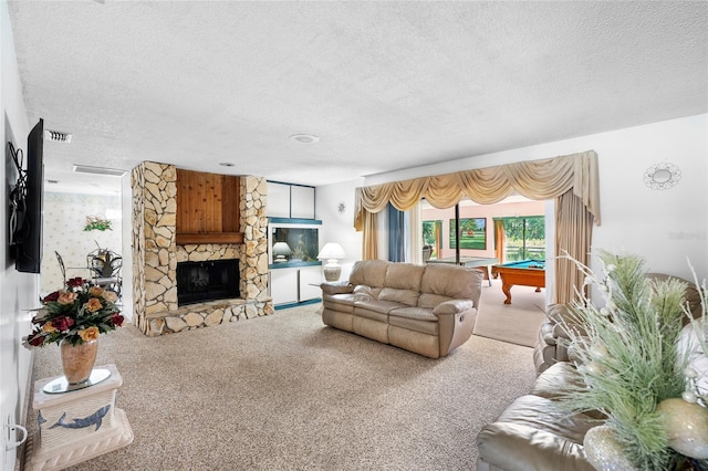 34 Misty Meadow Ln, Mulberry, FL 33860 - carpeted living area featuring a textured ceiling, a fireplace, billiards, and visible vents
