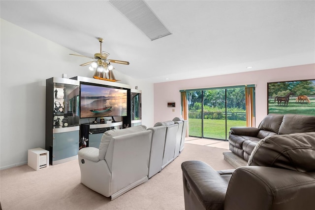 34 Misty Meadow Ln, Mulberry, FL 33860 - interior space with light colored carpet, a ceiling fan, visible vents, recessed lighting, and lofted ceiling