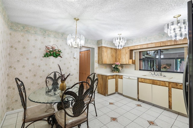 34 Misty Meadow Ln, Mulberry, FL 33860 - kitchen with baseboards, an inviting chandelier, wallpapered walls, dishwasher, and a sink