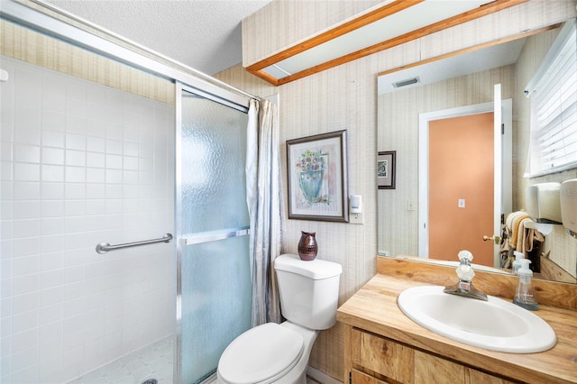 34 Misty Meadow Ln, Mulberry, FL 33860 - bathroom with a shower stall, wallpapered walls, and toilet