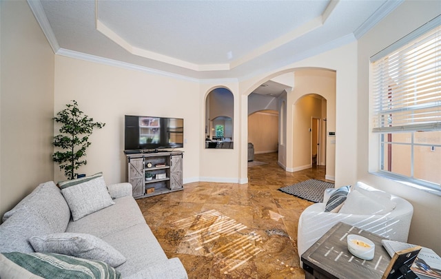3033 Stonegate Falls Dr, Land O Lakes, FL 34638 - living area featuring a tray ceiling, baseboards, ornamental molding, and arched walkways