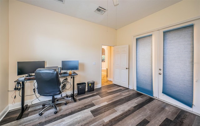 3033 Stonegate Falls Dr, Land O Lakes, FL 34638 - office featuring french doors, visible vents, and wood finished floors