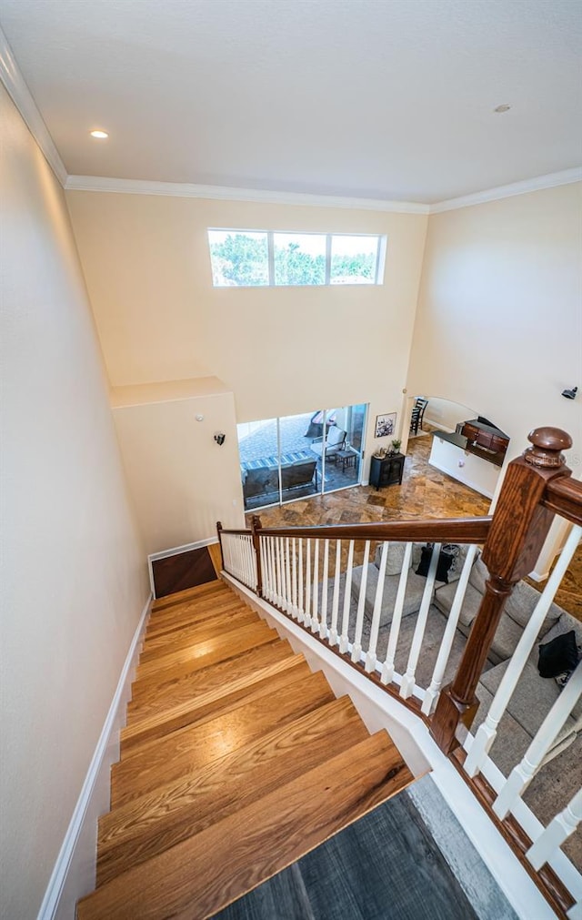 3033 Stonegate Falls Dr, Land O Lakes, FL 34638 - staircase with crown molding, wood finished floors, and recessed lighting