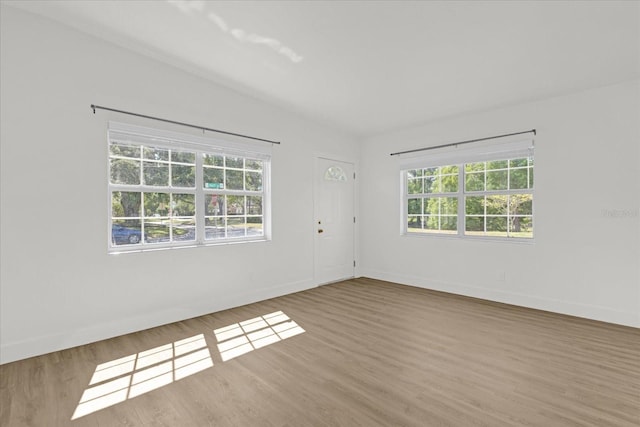 unfurnished room with baseboards, plenty of natural light, and wood finished floors