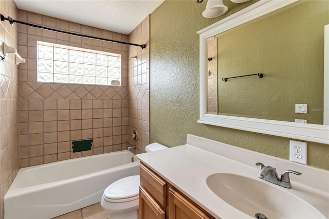 bathroom with shower / bath combination, a textured ceiling, vanity, toilet, and a textured wall