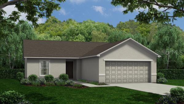 ranch-style house featuring stucco siding, concrete driveway, a front lawn, and a garage