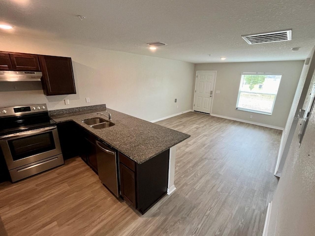 kitchen with a peninsula, dark brown cabinetry, under cabinet range hood, light wood finished floors, and appliances with stainless steel finishes