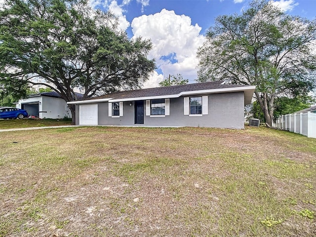 ranch-style house with stucco siding, fence, and a front yard
